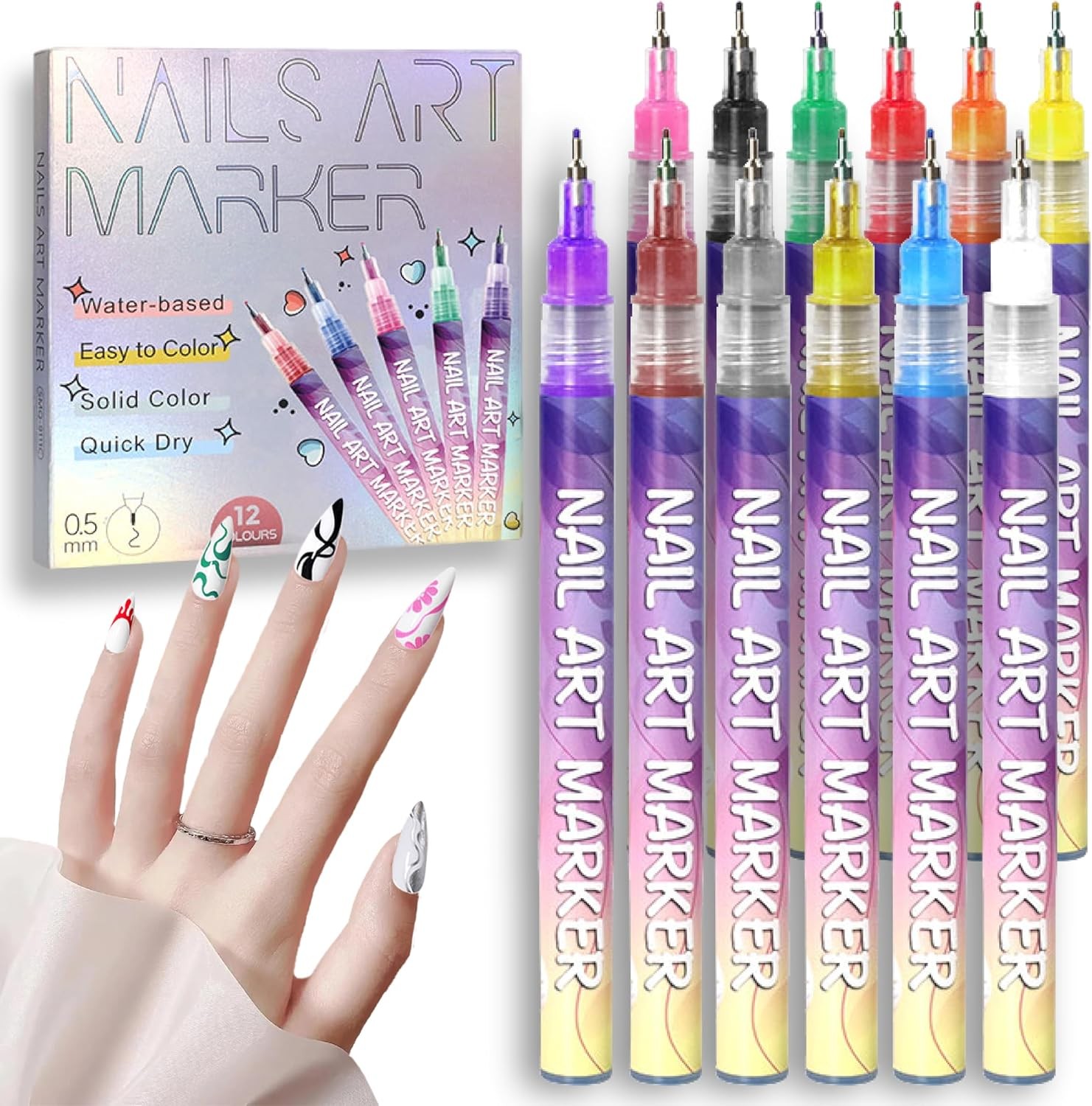 12 Colors Nail Art Pens Set 3D Nail Polish Pens Graffiti Dotting Pen