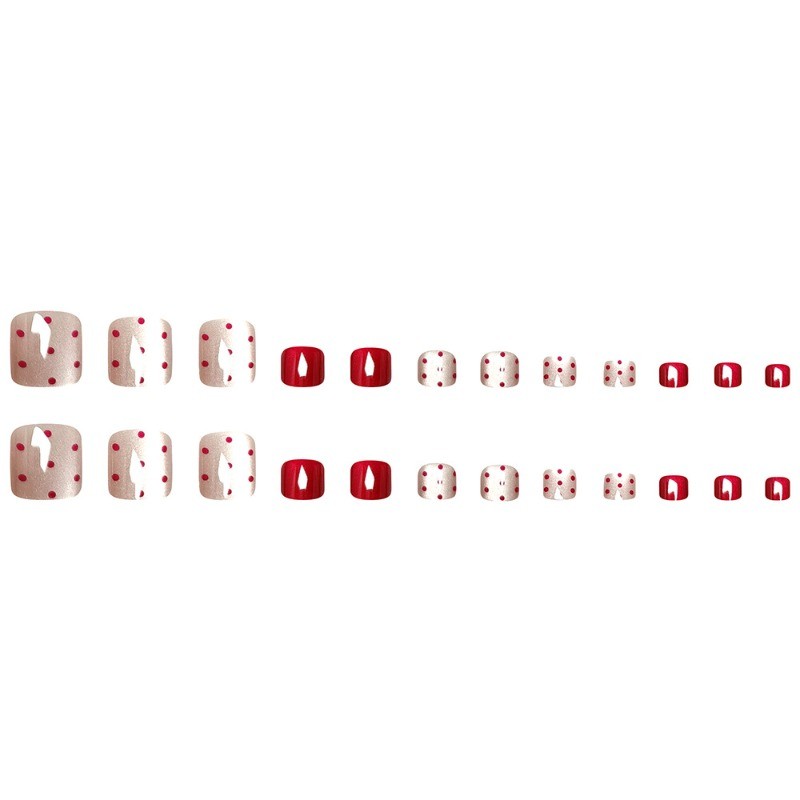 48Pcs-Short Square Press on Toenails Wine Red Silver Cat Eye Red Dot Fake Nails