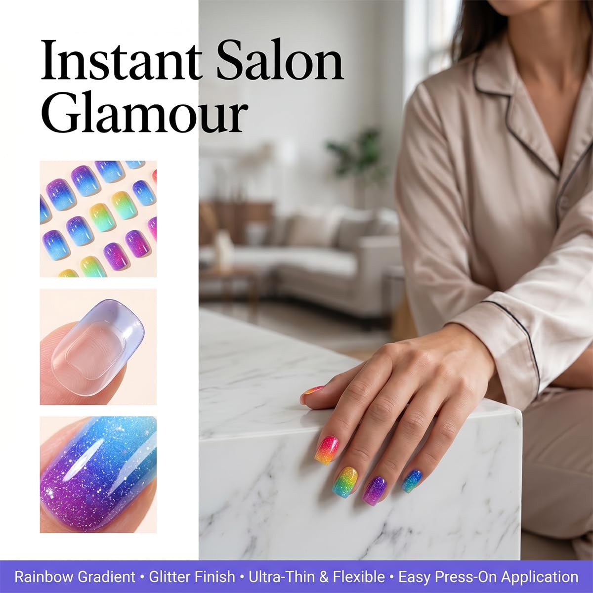 Colorful Glitter Press on Nails Extra Short Square Fake Colorful Ombre Glitter