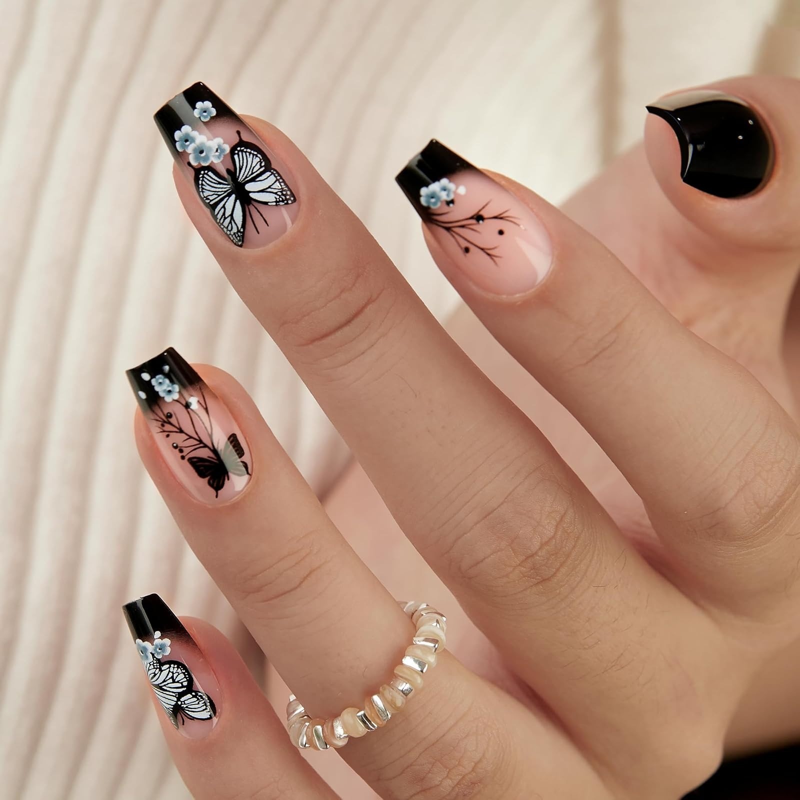30pcs Press On Nails, Acrylic Black Butterfly Design, Full Cover