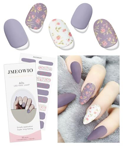 Gel Nail Stickers White Purple Flower Semi Cured Gel Nail Strips Wraps UV/LED