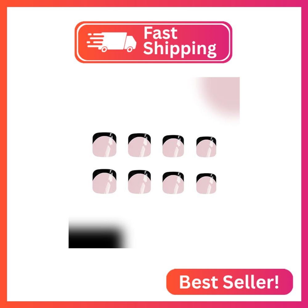 24Pcs French Tip Press on Toenails Short Square Fake Toe Nails Black Tip Acrylic