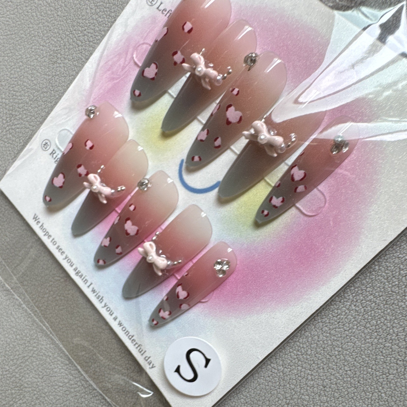 Press-On Nails Long Stiletto Pink/Gray Heart Theme 3D Full Cover Pre-Designed