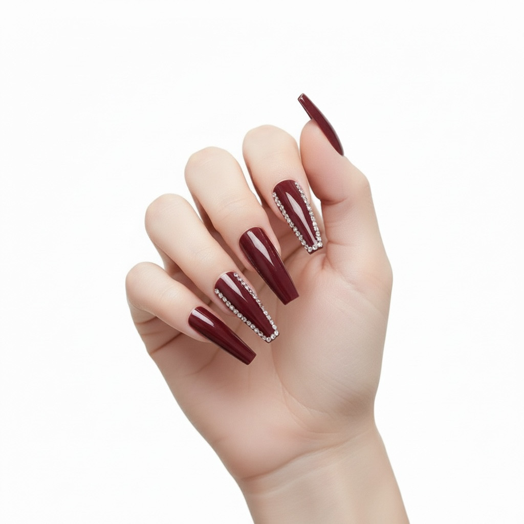 Red Burgundy 3D Crystal Coffin Ballerina Extra Long Rhinestones Press On Nails