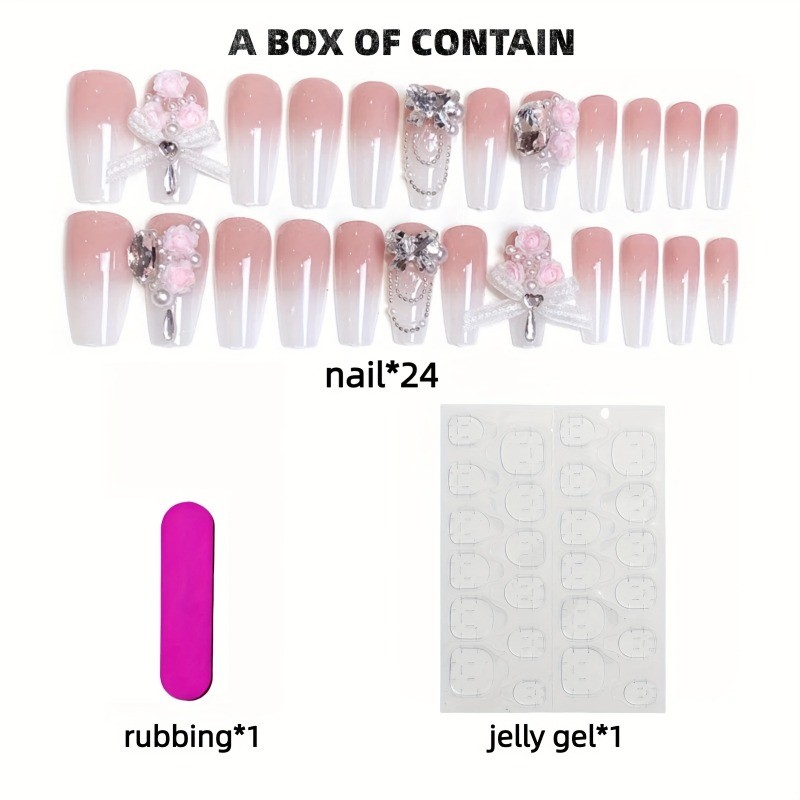 HandmadePinkGradient Flower Lace Bow Ballet NailsWearable For Daily Party