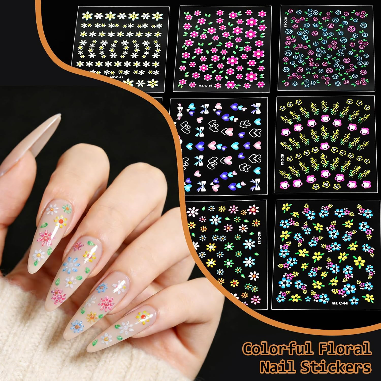 90 Sheets Nail Stickers for Nail Art DIY, 3D Nail Art Stickers Decals, Self Adhe