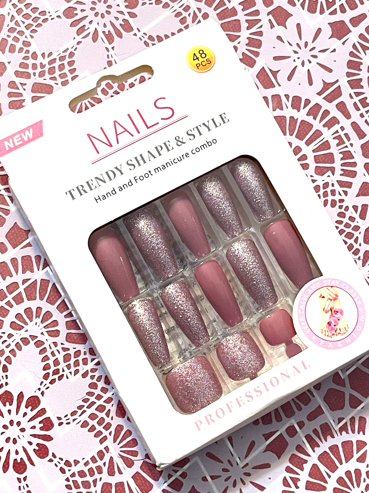 Nails Trendy Shape & Style PINK & GLITTER Long Coffin Finger & Toes Manicure Set