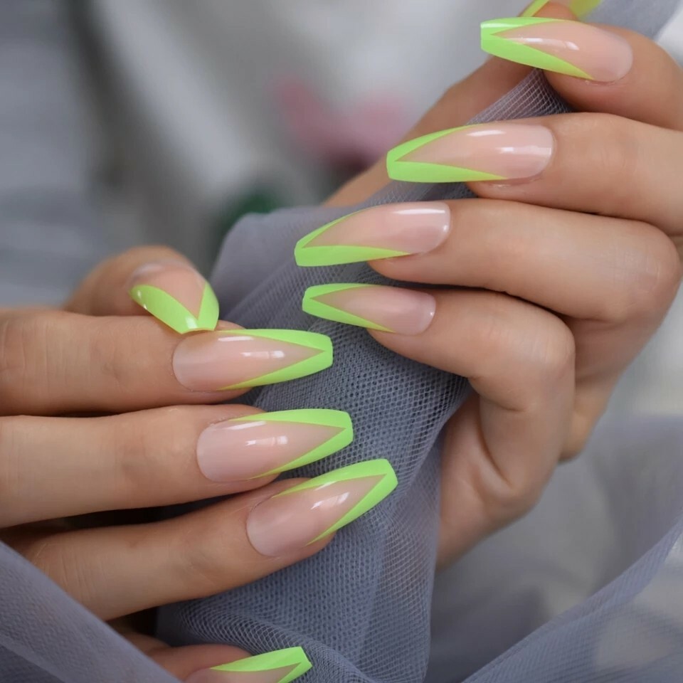 24 Nude Green Rim V Shape Press On Nails w/ Glue Coffin extra long neon