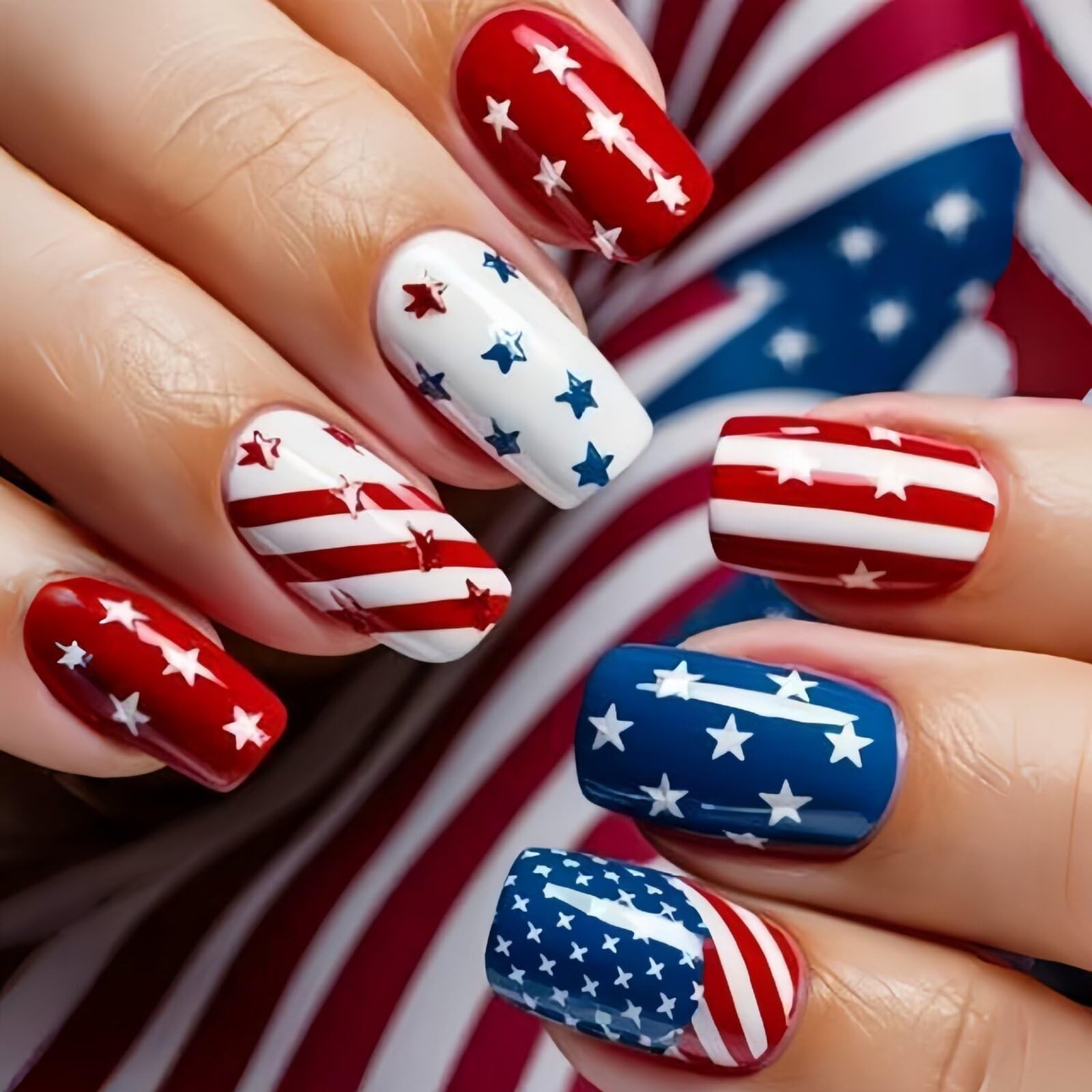 4th of July Press On Nails – Medium Square Red Blue Star Design, 24 Pcs Glossy S