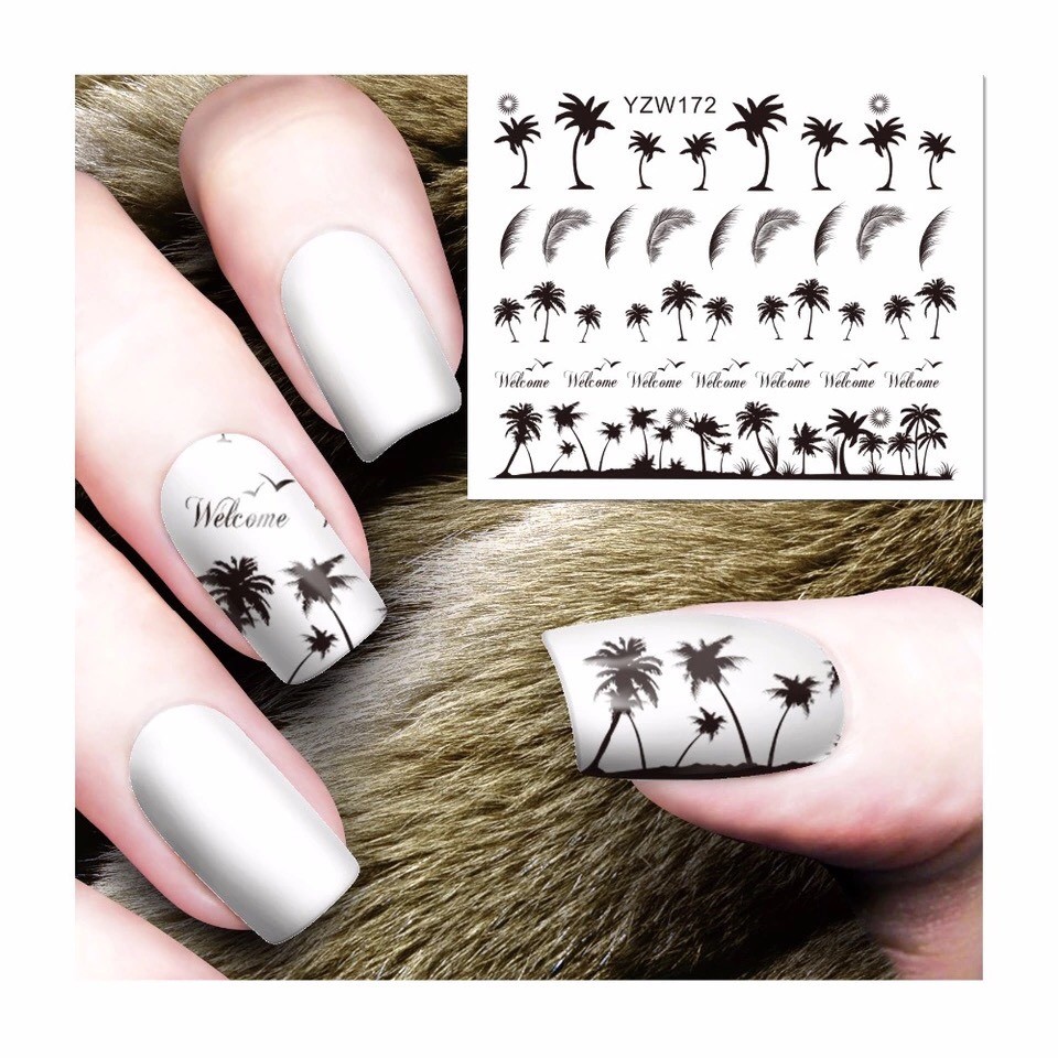 Holiday Palm Nail Stickers Black Leaves Welcome Water Decals Yzw-172