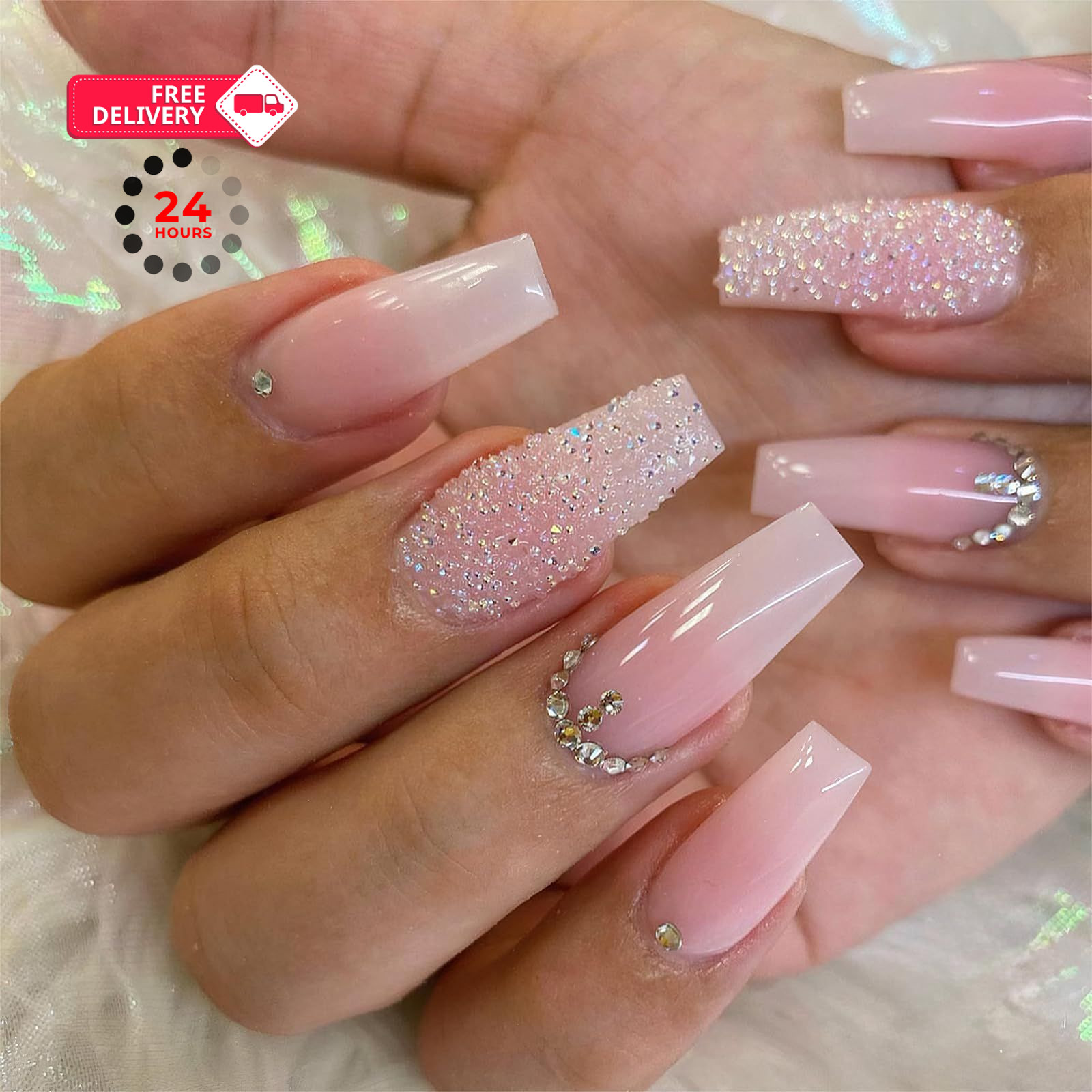 Jremg Pink Press On Nails – Long Square Coffin Fake Nails, Multicolor