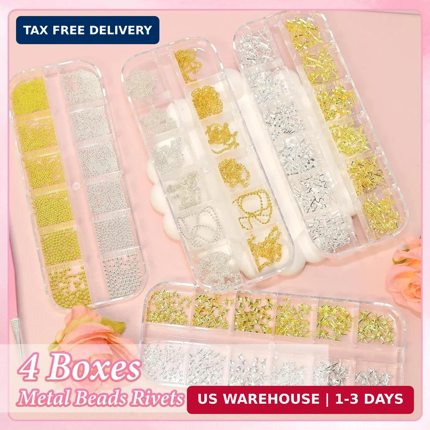 Gold Silver Caviar Nail Beads, 3D Starburst Chain Cross Nail Charms, Alloy Star
