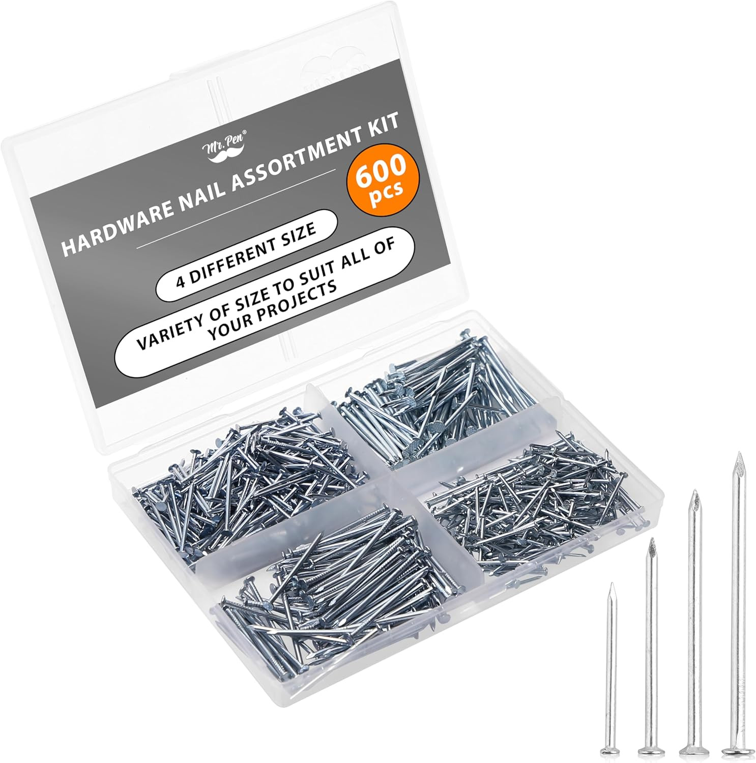 – Nail Assortment Kit, 600 Pcs, 4 Sizes, Silver, Small Nails for Hanging Picture