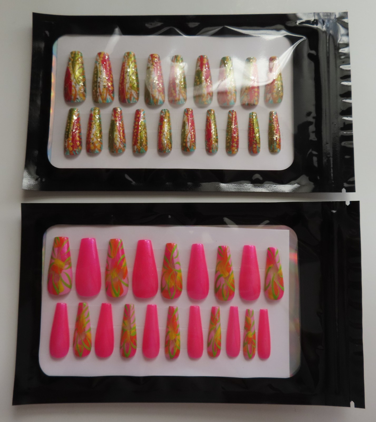 (2) Sets Clear Pink Lime | White Green Yellow Abstract Coffin Press-On Nails