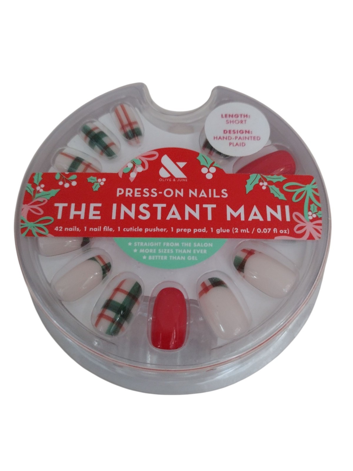 Olive & June THE INSTANT MANI 42ct SHORT LENGTH Press On Nail HAND-PAINTED PLAID