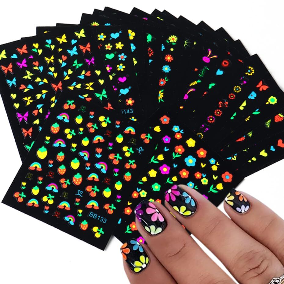 24Sheets Glow in Dark Flower Nail Art Sticker Decals 3D Fluorescence flower-7