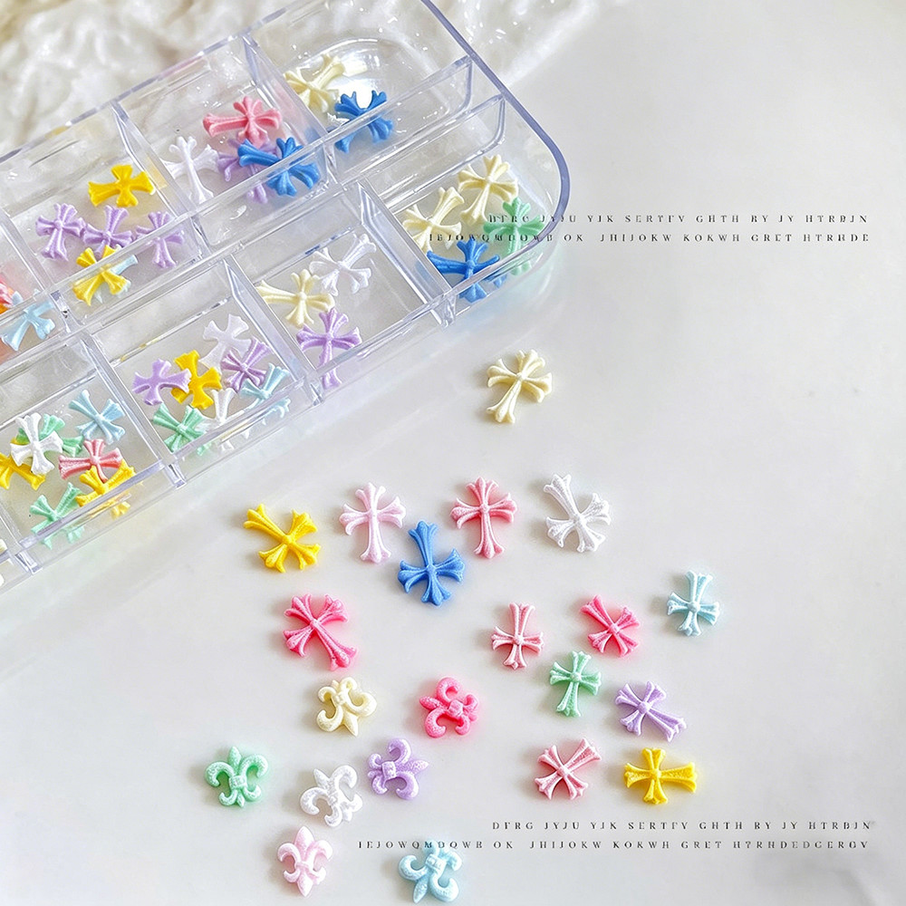 12-Grid Mixed Color Resin Cross Nail Art Sweet Dopamine Style for Press On Nails