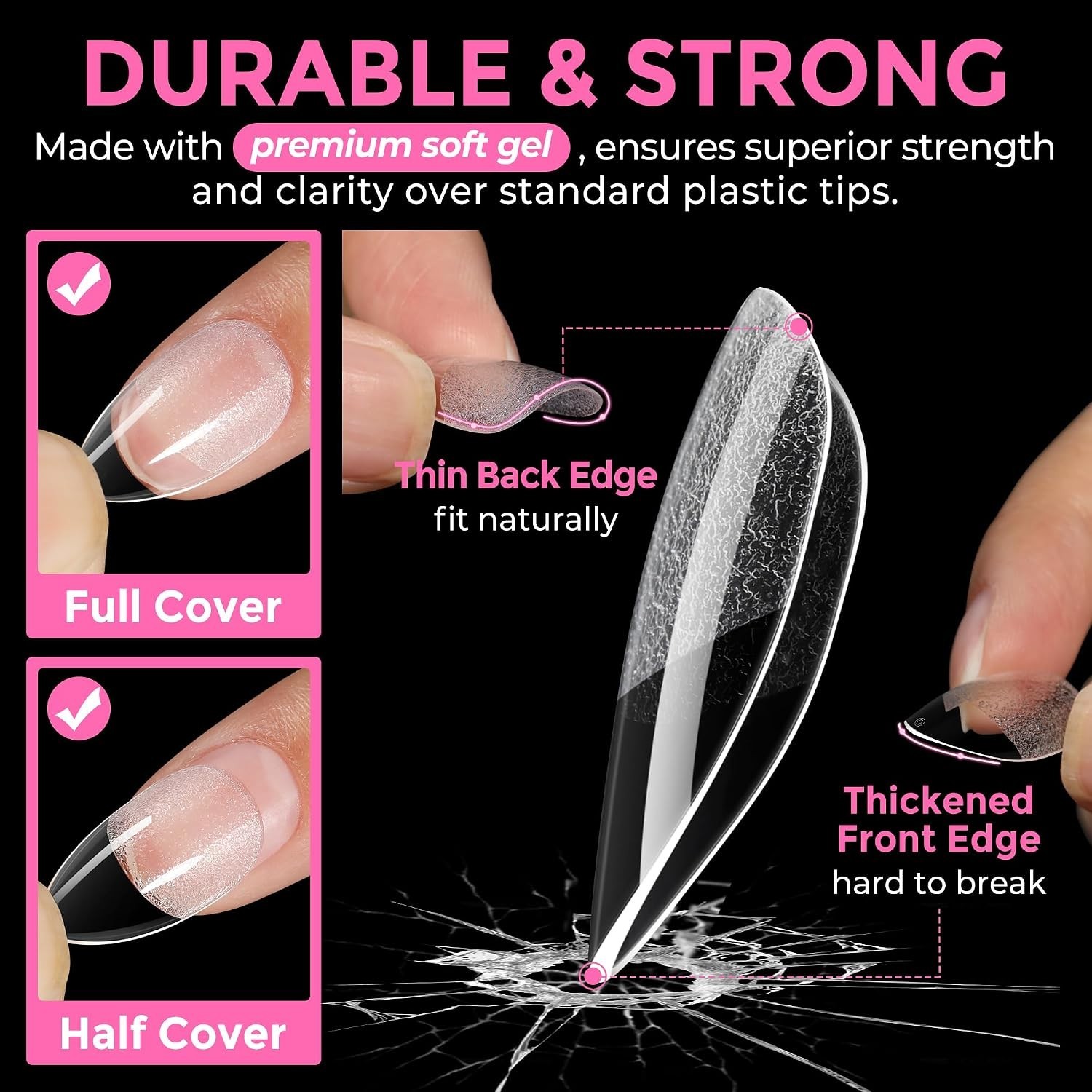 Salon-Quality Short Almond Nail Tips – 216 Pre-shaped Gel Acrylic Tips, 12 Sizes