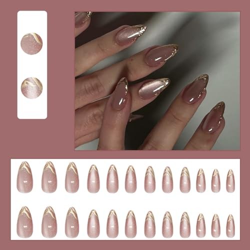 French Tip Press on Nails Medium Almond Fake Nails Bling French Tip Nails-19