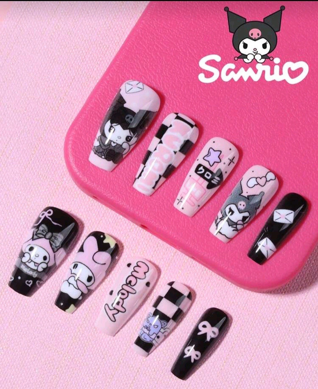 Press-On Nails SANRIO Black, Pink, & Lavender Kuromi & Melody Coffin Long Shiny