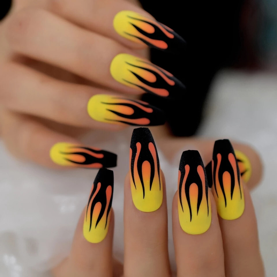 24 Press on Nails kit w Glue extra long Coffin guy fieri black flames yelllow