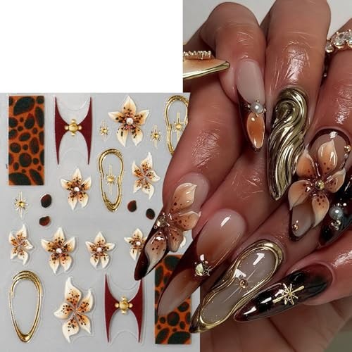 3 Sheets Brown Leopard Print Nail Stickers 5D Embossed Floral leopard flower