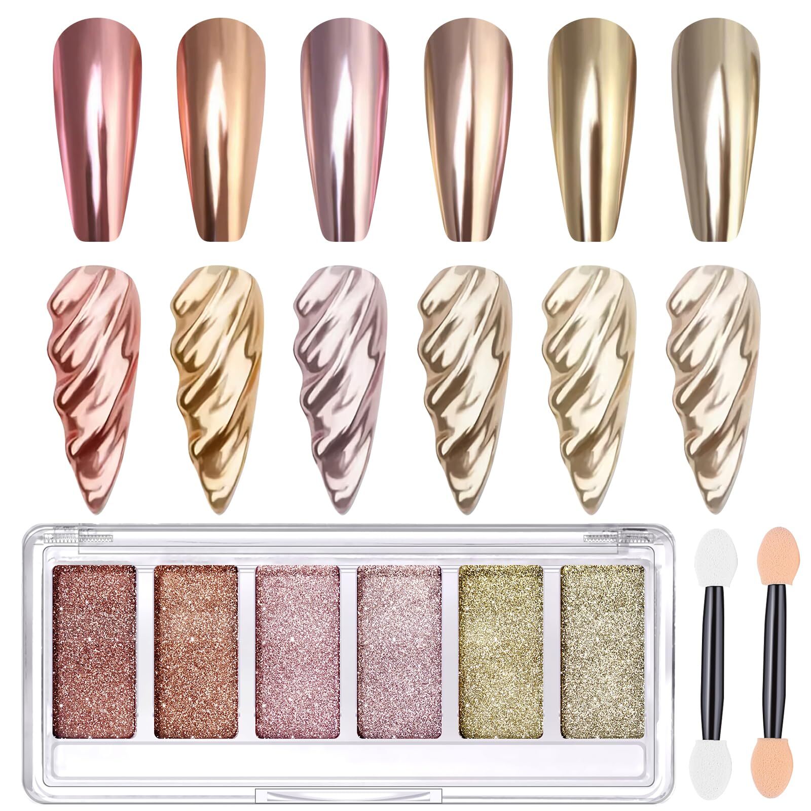 Gold Chrome Nail Powder, DRMODE 6 Colors Metallic Mirror Effect Pink Champagn