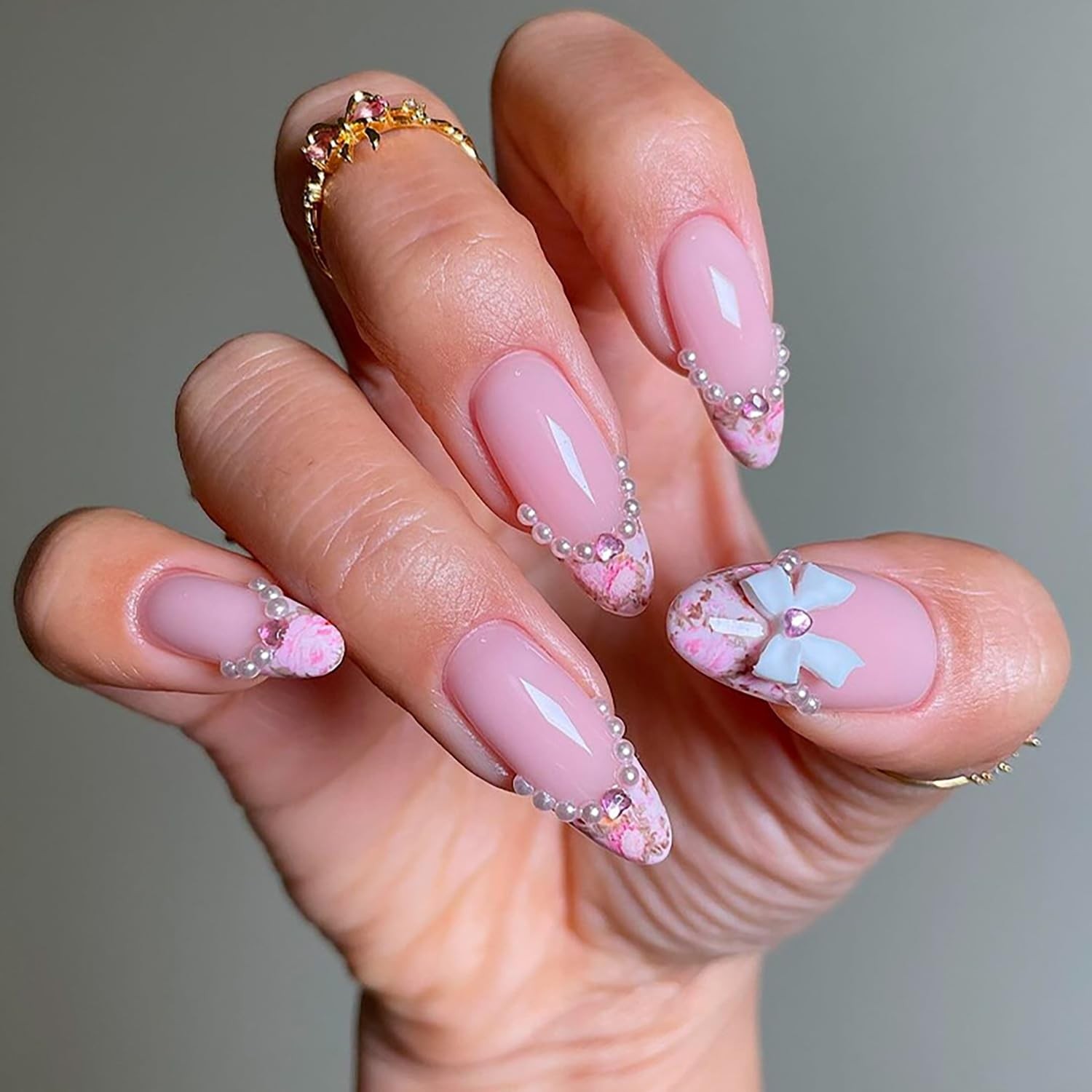 Press on Nails Almond Pink 24Pcs Glossy Full Cover Acrylic French Tips Medium…
