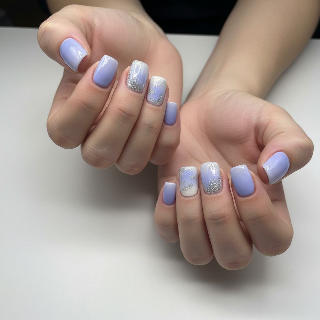 THE MIMO Press-On Nails Square – Lavender Ombre with Silver Foil Glitter, 24pcs