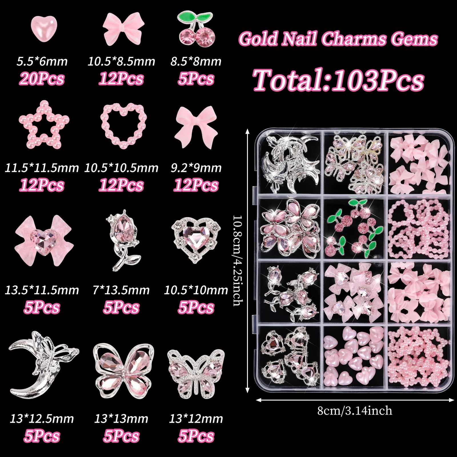 110PCS 3D Pink Cherry Heart Bow Nail Charms and Rhinestone, Junk Case Charms,…