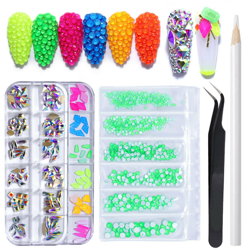 3D Glitter Mix Gems Nail Rhinestones Picker Pen Tweezers Kit for Nail Art Decor