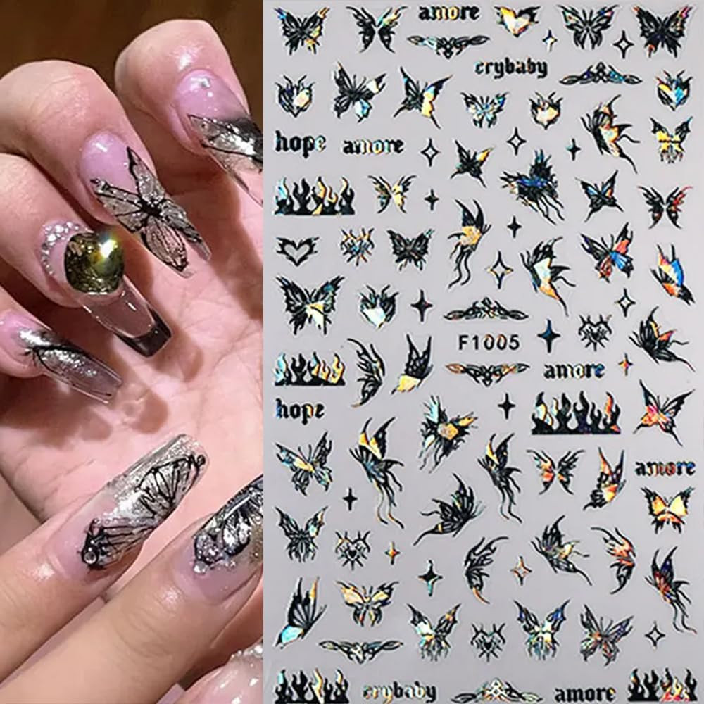 8Pcs 3D Laser Black Butterfly Nail Stickers for Women Holographic Butterfly Nail