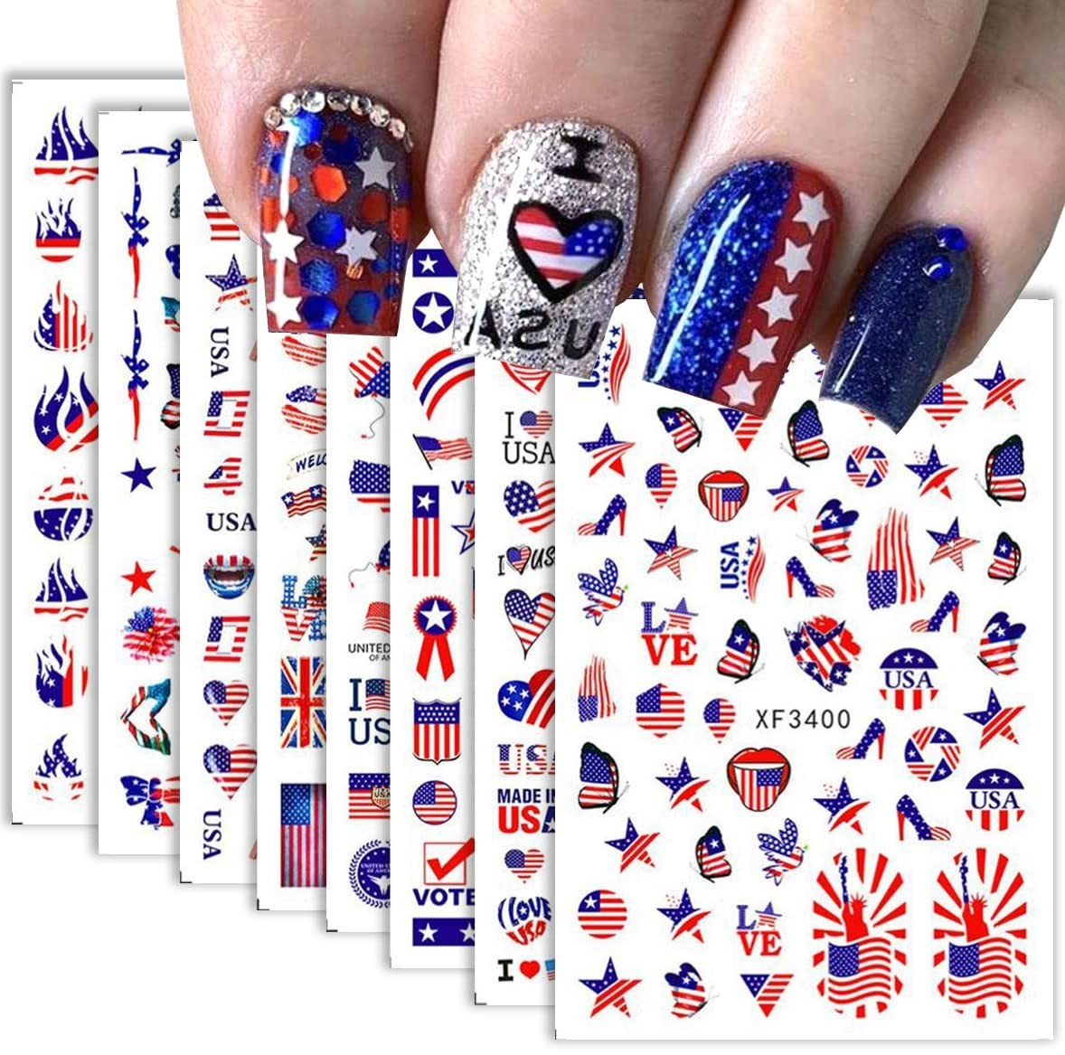 Independence Day Nail Stickers – 8 Sheets 3D Self-Adhesive Decals for Women