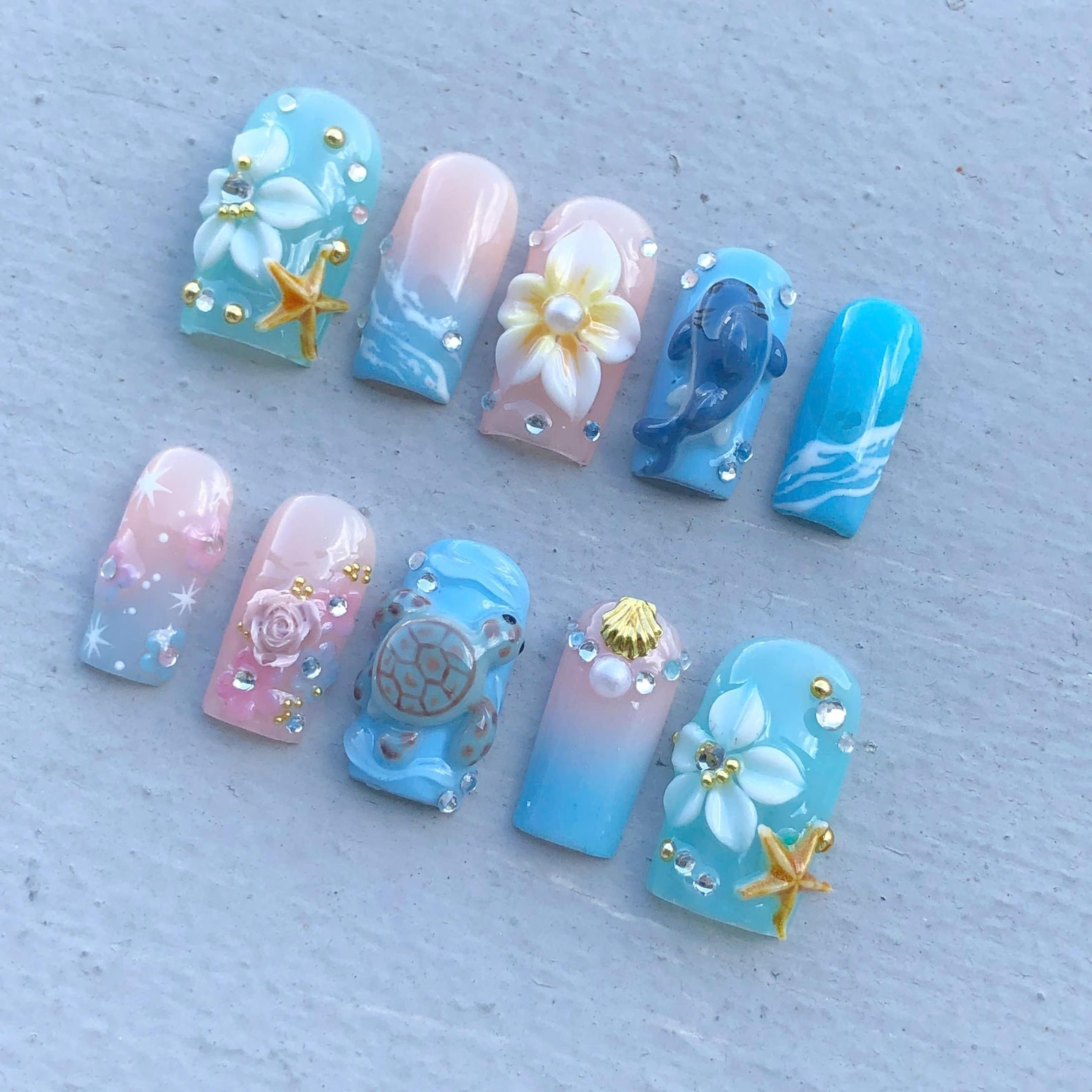 Handmade Ocean Turtle Dolphin Plumeria Starfish Shell Square Press on Nails