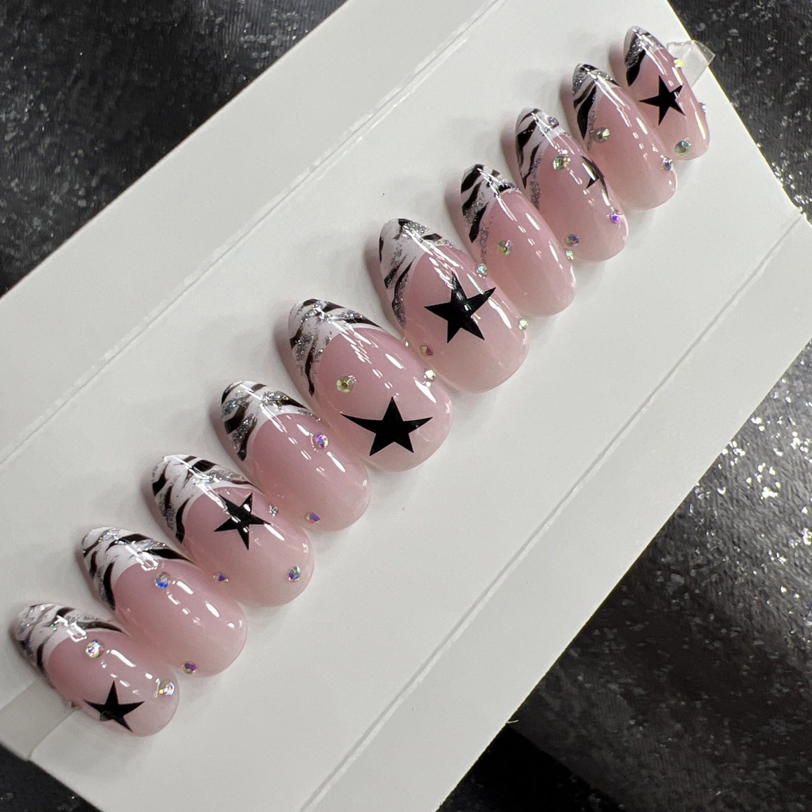 🎀 CUSTOM Hard Gel Press On False Nails French ZEBRA 10p Set Medium Almond W Kit