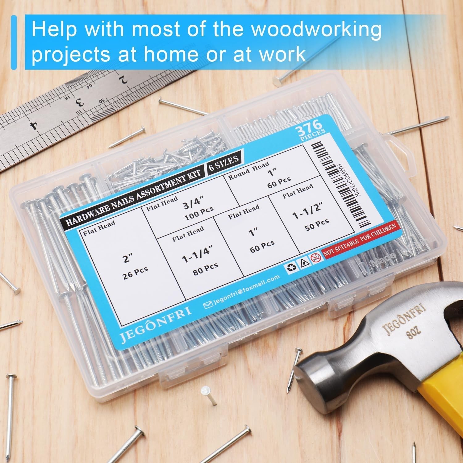 376PCS Assorted Galvanized Nails with Storage Box – Perfect for Projects