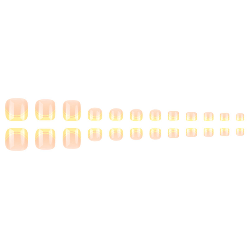 48P Short Square Toe Press on Nails, Nude Yellow Line French Fake Toenails