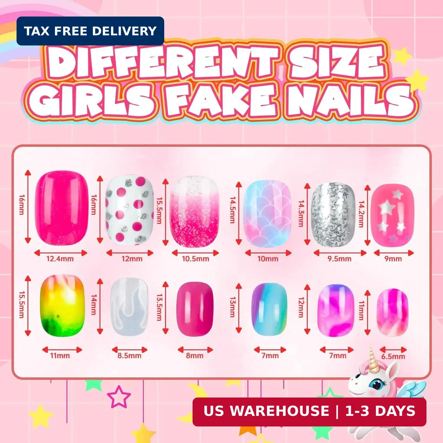 144 Pieces 6 Pack Kids Press on Nails Artificial Fake Nails for Kids Girls Pr…