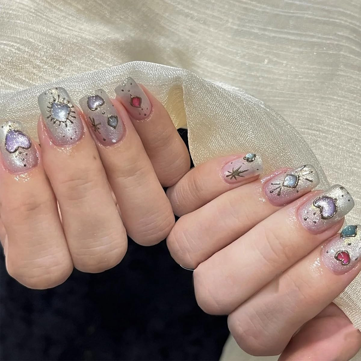 Glitter Press on Nails Medium Length Fake Nails with Glue Heart Gems Nail Charms