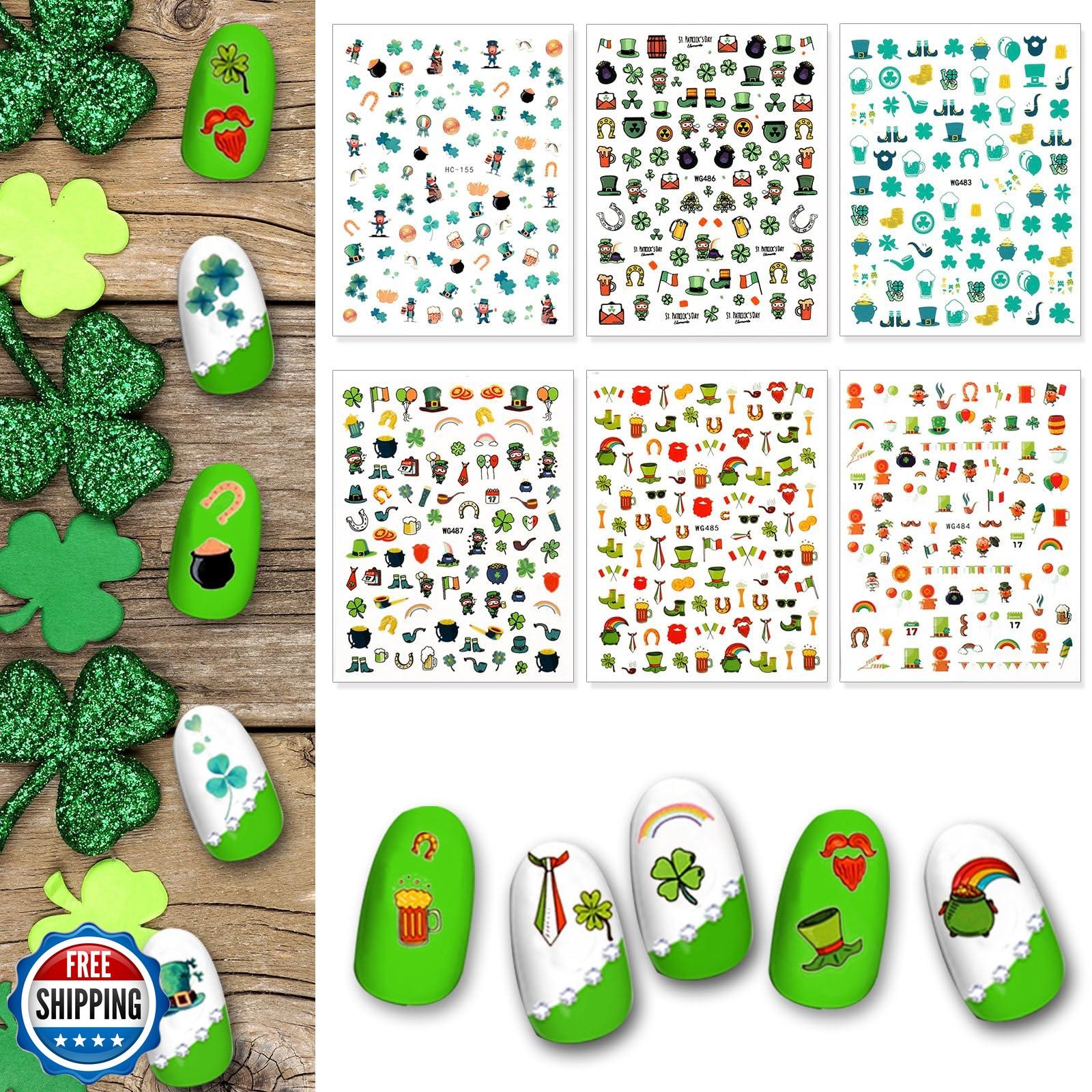 Whaline 18 Sheets Valentine’s Day Love Heart Nail Art Stickers Shamrock Gnome