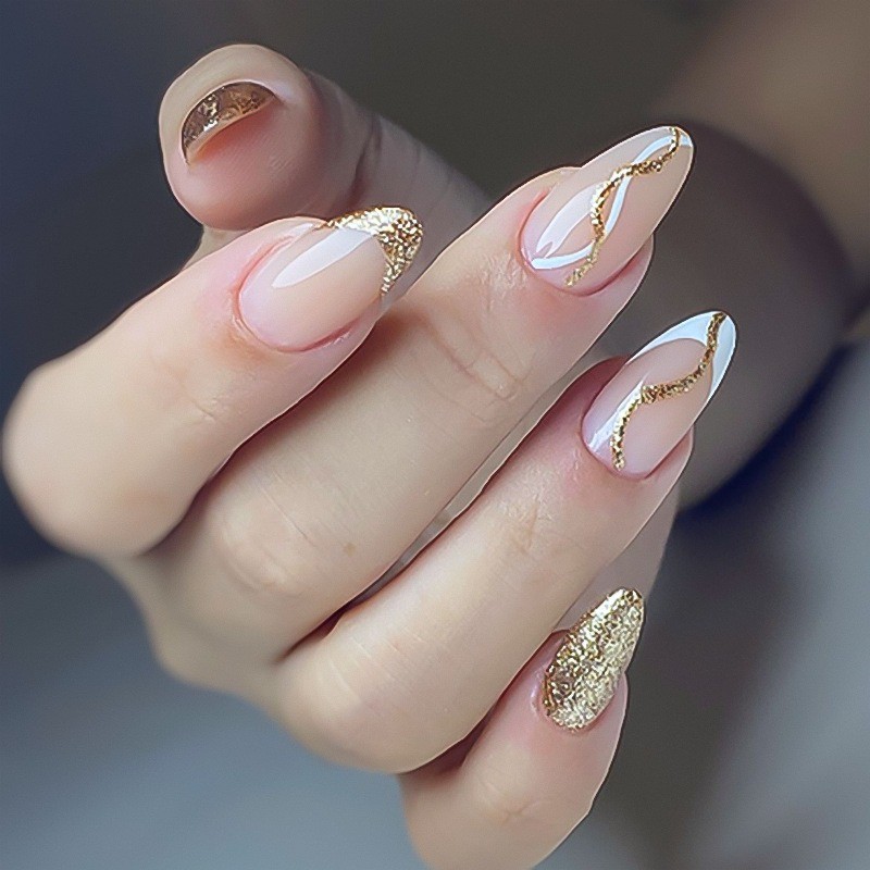 48pcs Light Luxury Premium Naked Gold French Wearing Armor Long Almond Nail Art