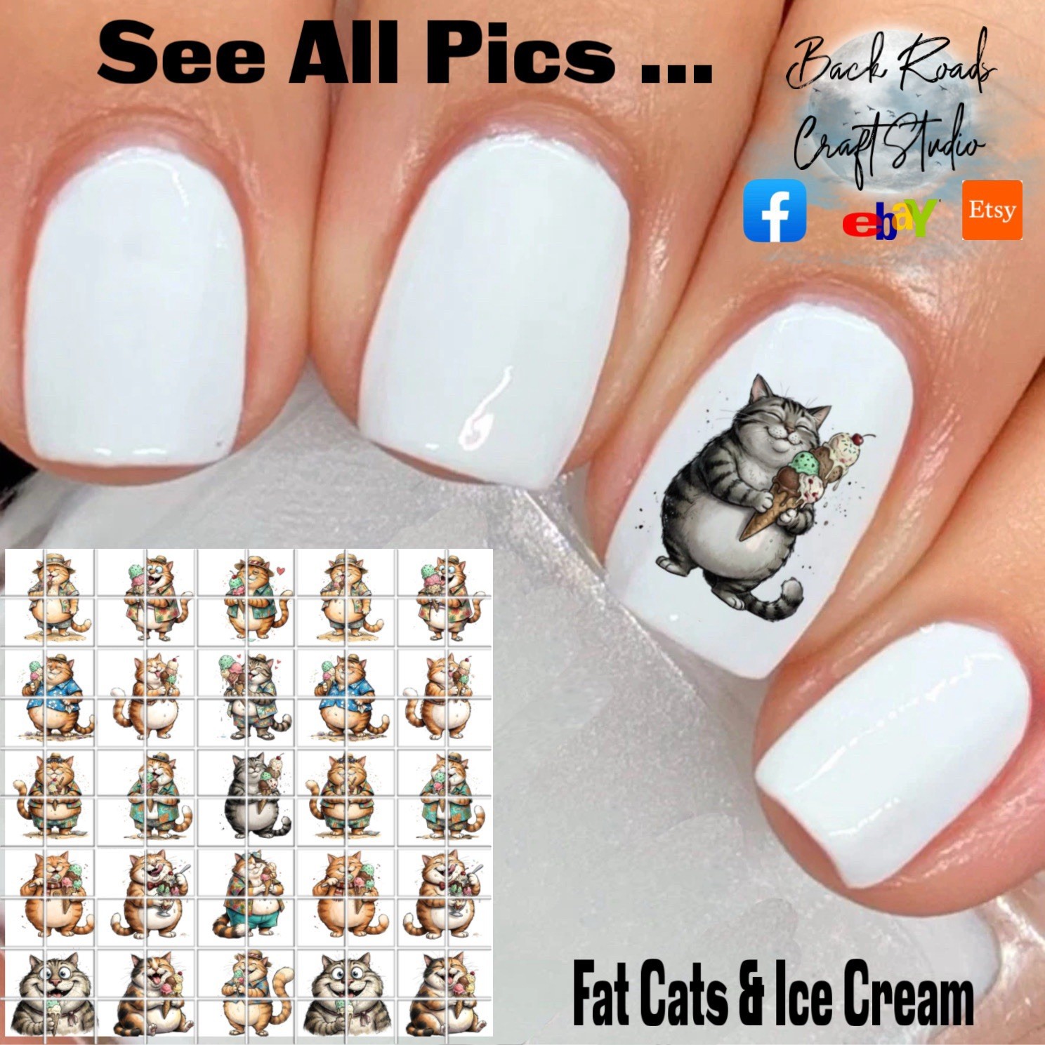 Fat Cats And Ice Cream Waterslide Nail Art Decals Set Of 50 Instructions