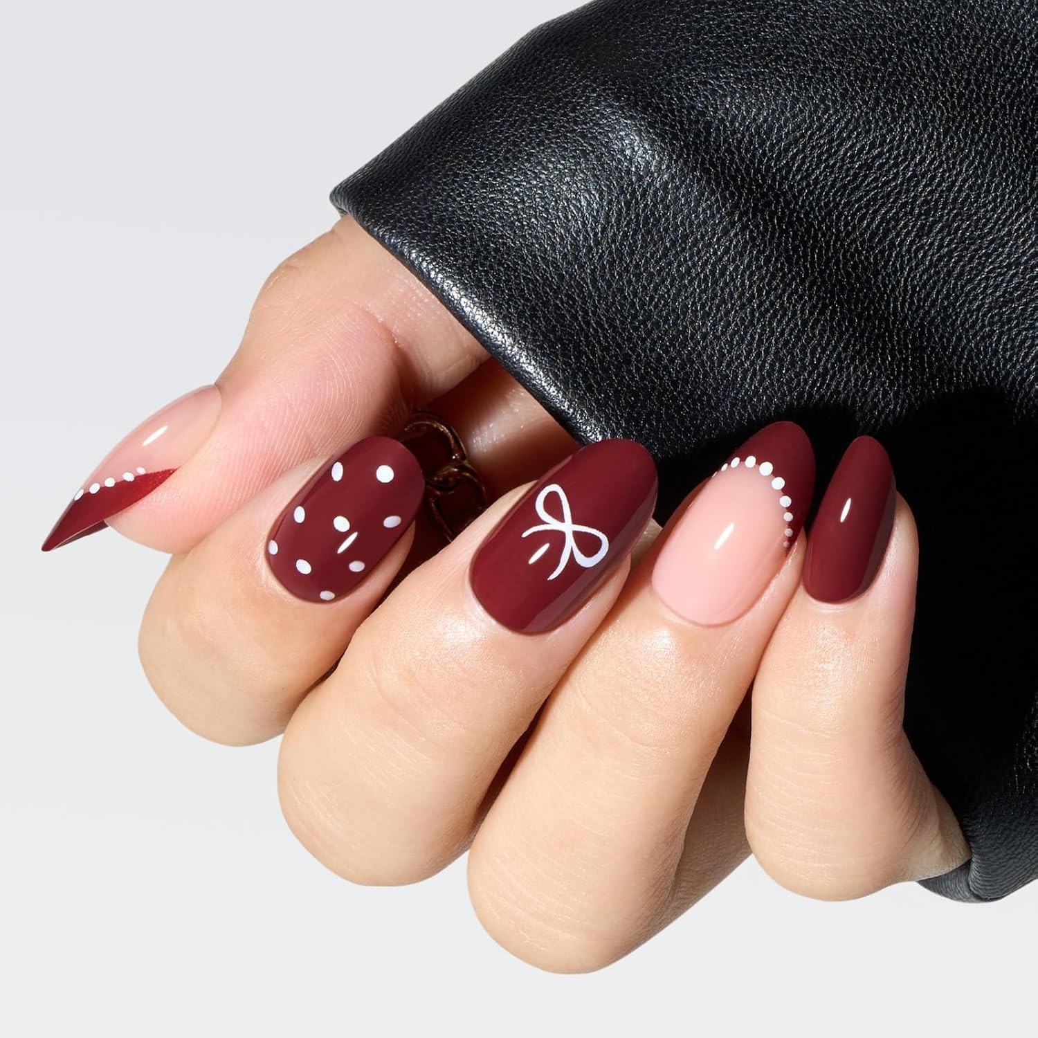 Modelones Dark Red Press on Nails Almond, Burgundy French Tip Polka Dot Bow
