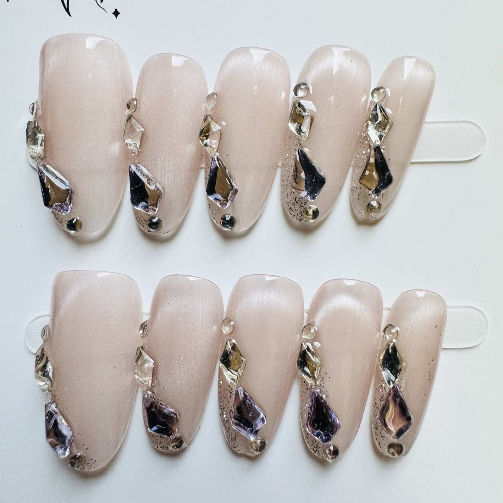 Press-On Nails Square Medium Pink/Black/Silver Shimmer Rhinestone Full Cover