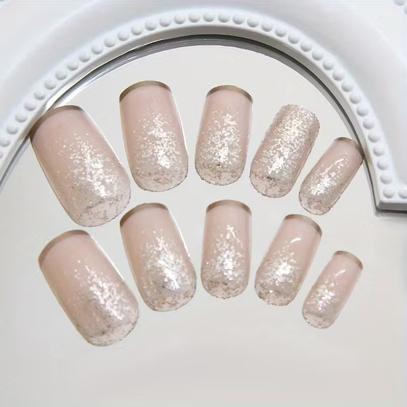 24pcs of Short Square Press On Nails, Glittery French Style, Elegant, Events