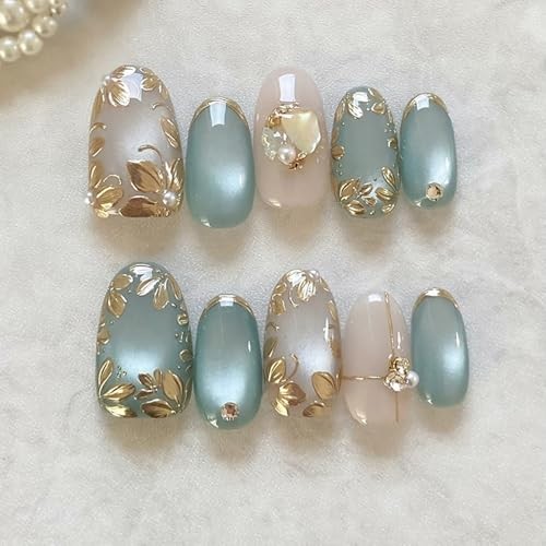 24Pcs Flower Press on Nails – Short Almond Fake Nails – 19
