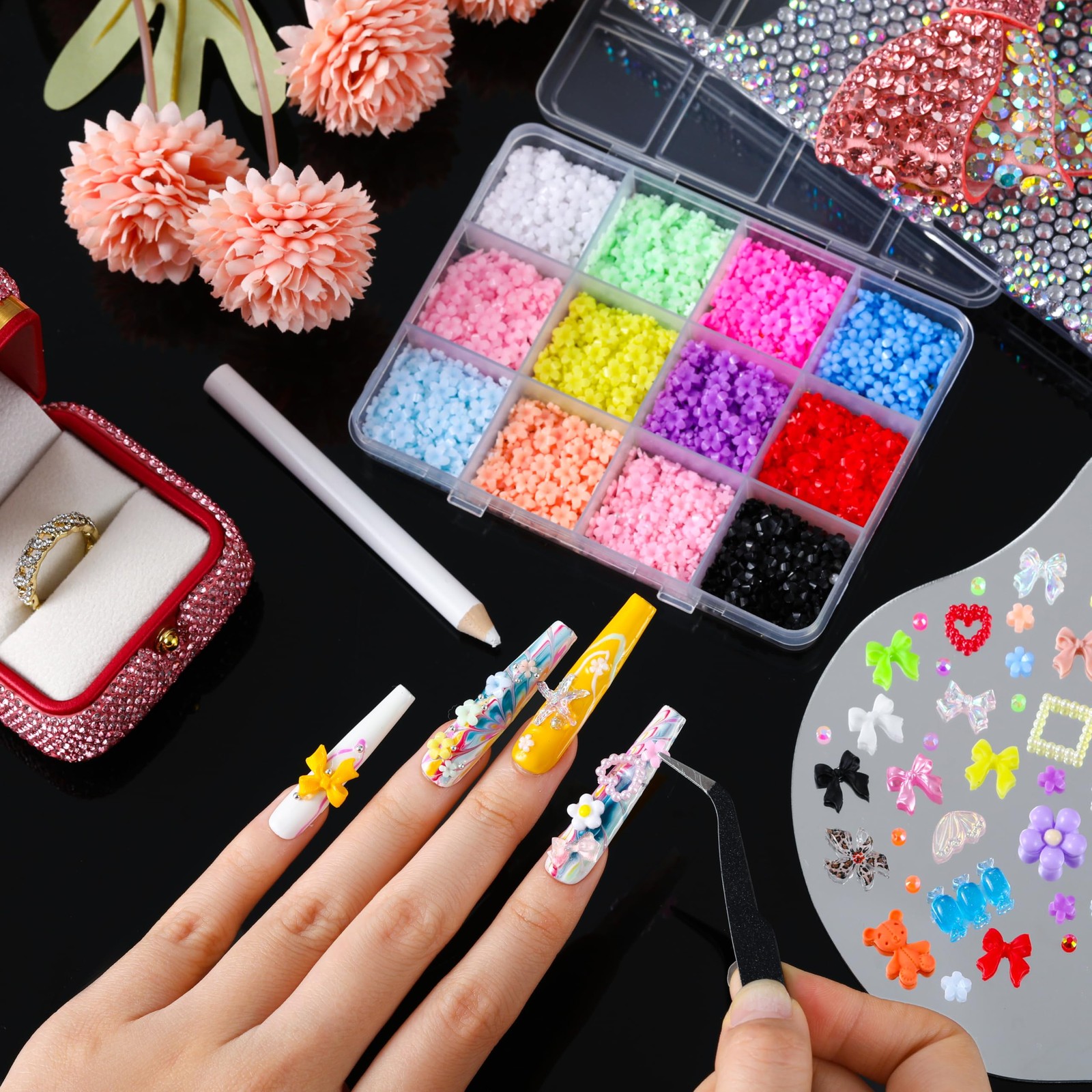 LERBOU Bedazzling Kit – 8 Boxes 3D Nail Art Accessories: 60 Colors Resin Rhin…