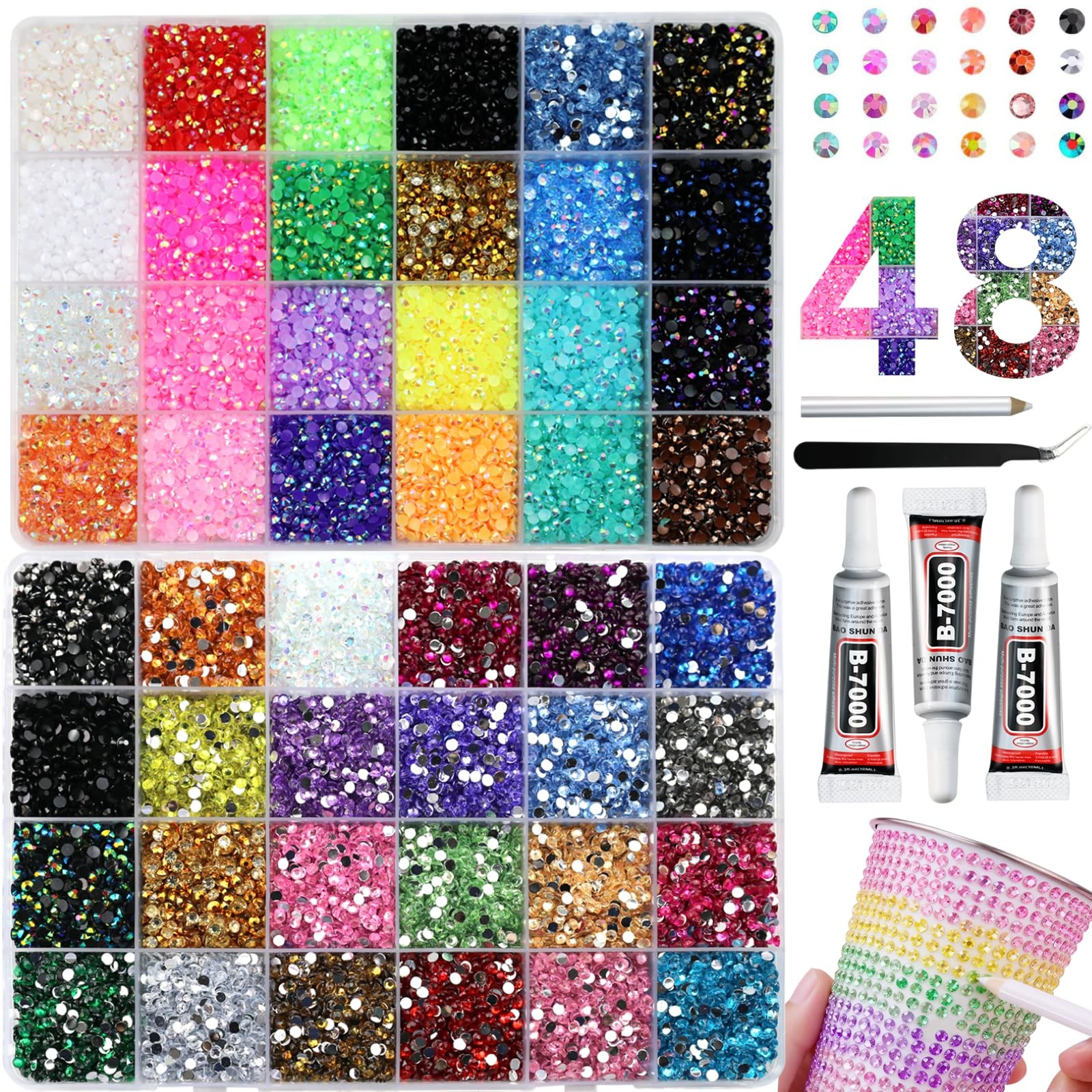 48000Pcs Resin Rhinestones for Bedazzling Kit, 48 Color 3mm Flatback Gems for…