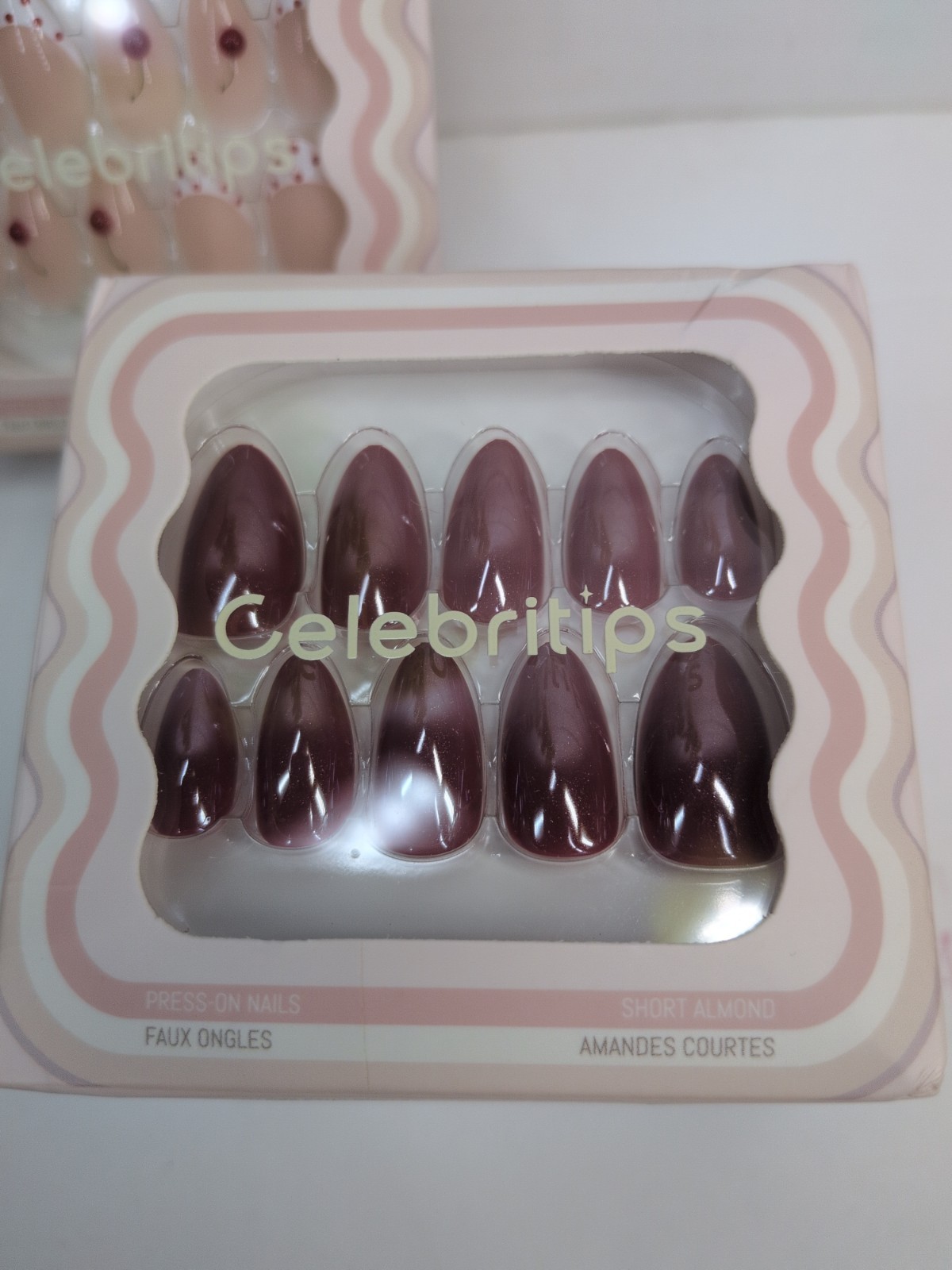 NIB LOT 3 SHORT ALMOND🥰Celebritips Press On Nails Set Burgundy Raspberry Cherry