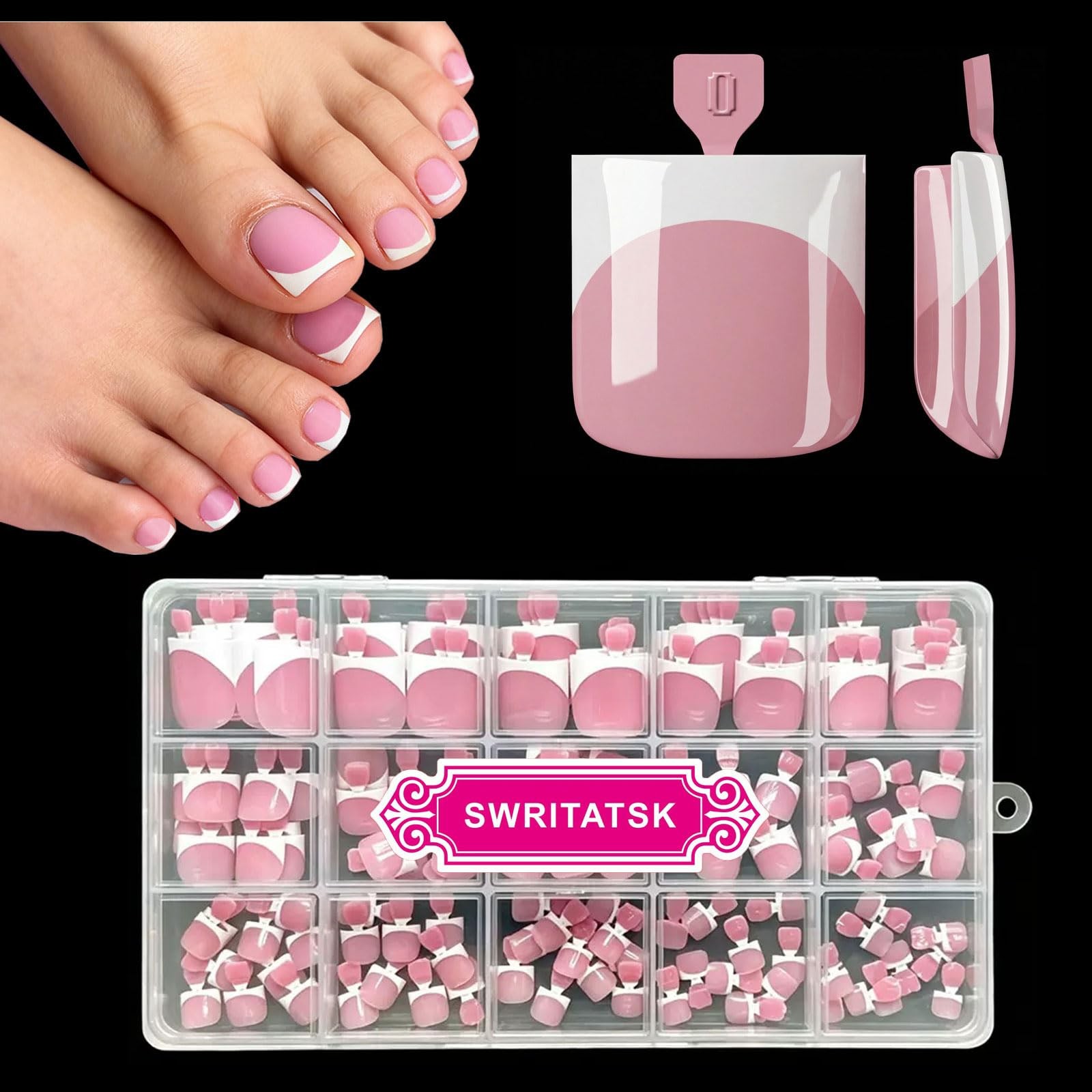 SWRITATSK French Tip Toe Nail Press Ons Toenails, L, pink_white